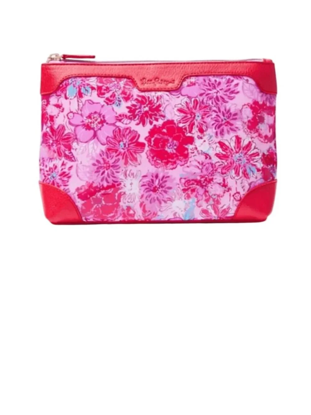 Lilly Pulitzer Printed Floral Makeup Bag Pouch Red Faux Leather Zipper Closure